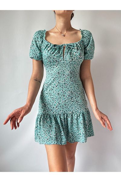 MY DEPO Rochie mini pentru femei cu cravată în față cu modele florale