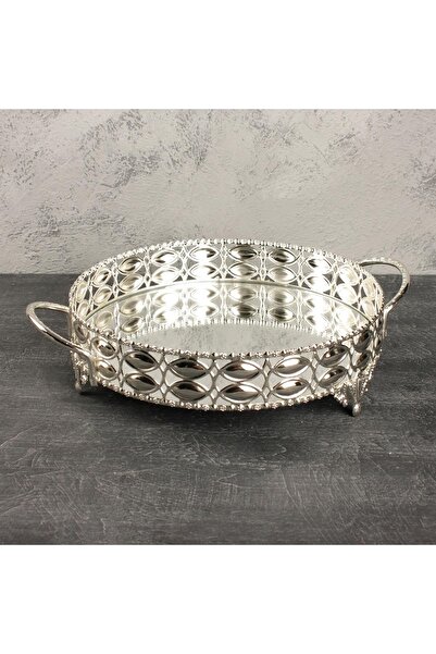 By Hanedan Dekoratif Aynalı Tepsi Yuvarlak Küçük Boy Badem Model Gümüş Renk