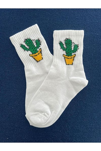 Touz Унисекс бели колежански чорапи Sep Cactus