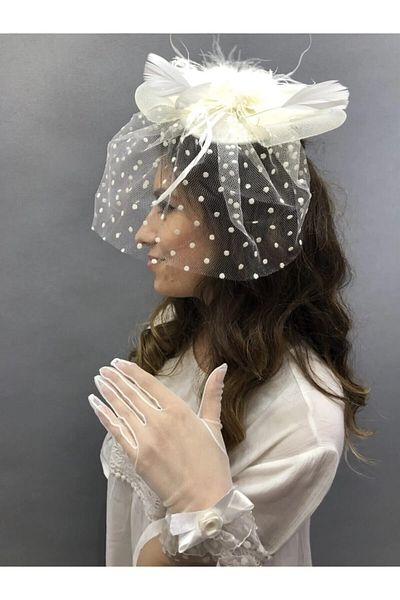 Hayalperest boncuk White Bridal Gloves with Ribbon Detail and Bridal Cap Vualet