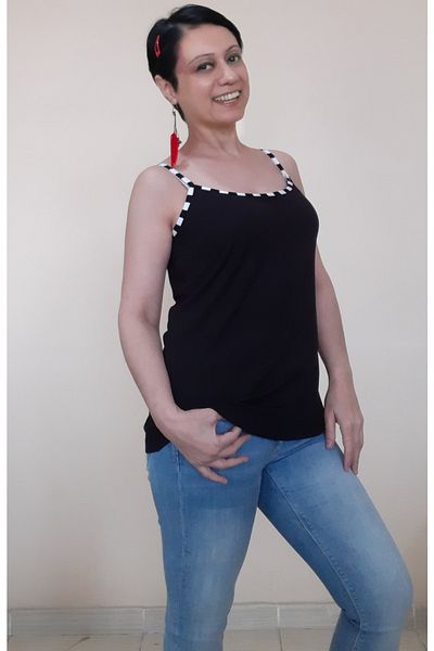 Mertcan Butik Black Combed Cotton Viscose T-Shirt with Black and White Piping Detail