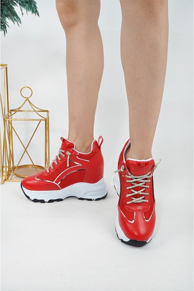 Lady Women's Hidden Wedge Heeled Stoned Sports Shoes with Silvery Lace-ups