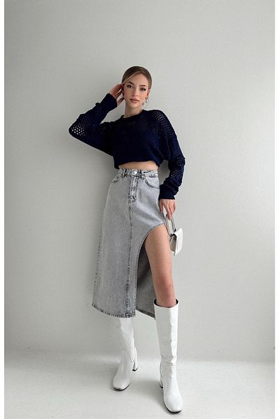 HARMONY GLOBAL Gray Asymmetrical Side Slit Long Denim Women's Skirt