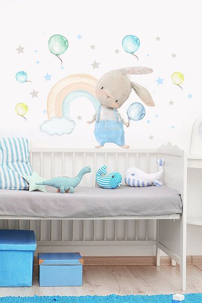 Sim Tasarım Sm362 Blue Overalls Rabbit And Rainbow Kids Room Wall Sticker Set