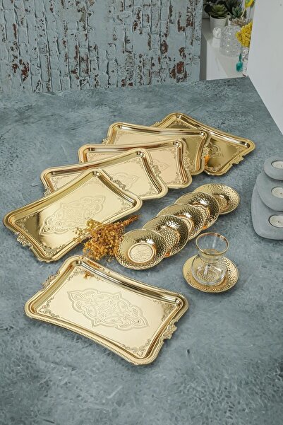 BİTERSE 1 Adet Gold Dekoratif Metal Sunum Tepisisi tek Kişilik Sunum Tepsisi 25 X 17 Cm