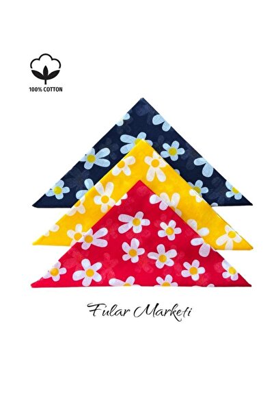 Fular Marketi 100% bumbac 3 bucăți model Daisy bleumarin, galben, roșu