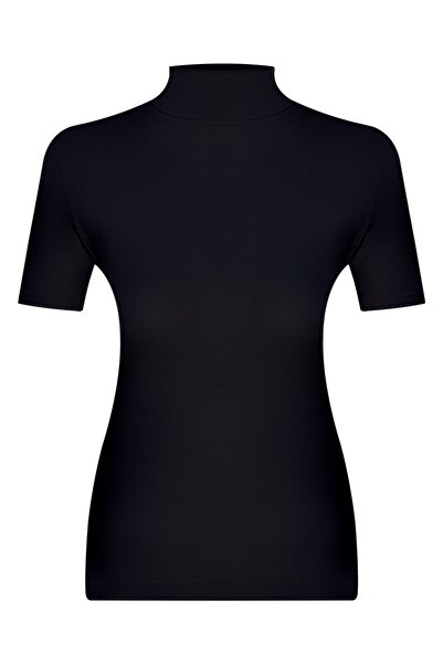 mis-san Siyah Yarım Balıkçı Yaka Kısa Kol Basic Viscon Badi