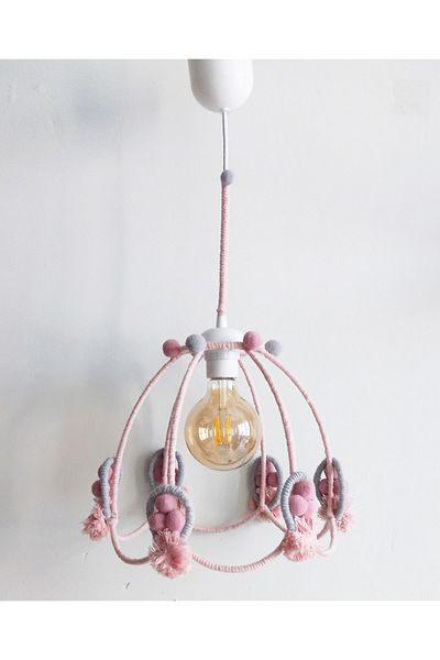 C&A&B KUZEY AVİZE Pink Macrame Rope Wrap Daisy Balloon Pink Pompom Baby Girl and Child's Room Pendant Lamp Chandelier