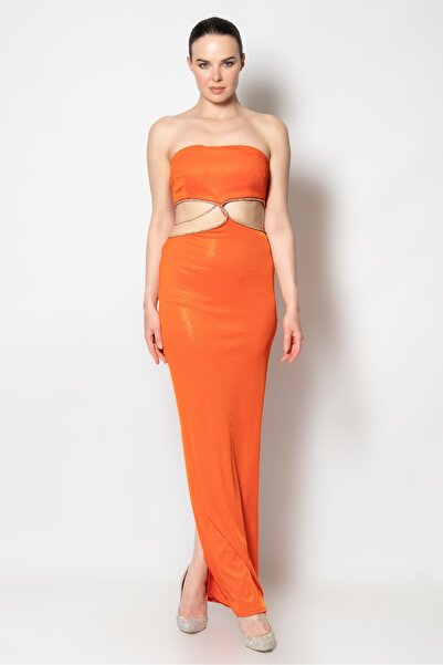 RENGIN Beli Çapraz Şerit Aksesuarlı Örme Saten Straplez Elbise