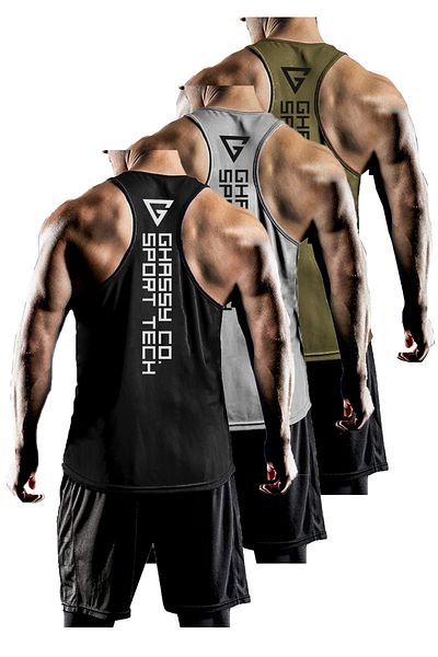 GHASSY CO. مجموعة من 3 قطع من ملابس رياضية للرجال ذات مقاس Y-back Gym واللياقة البدنية Gym-101