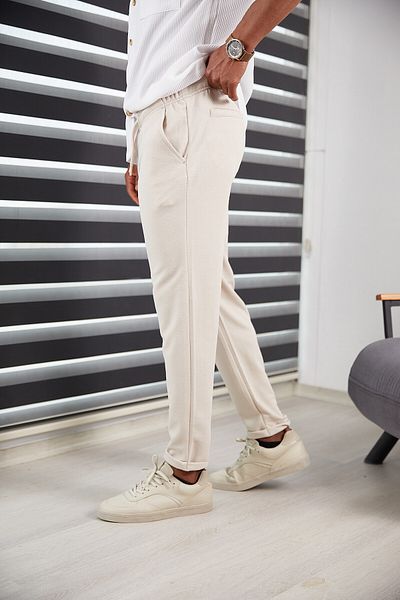 JACK CAPRİO Ανδρικό παντελόνι Jogger υψηλής ποιότητας σε μπεζ χρώμα - Διπλό πόδι, ύφασμα με σχέδια, Lycra