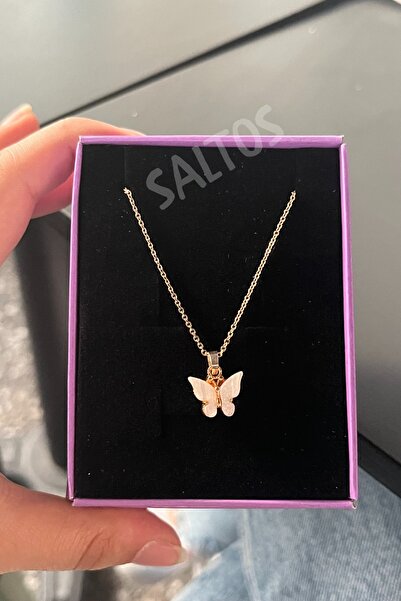 Saltos Beyaz Kelebekli Gold Kolye Doğum Günü Hediyesi Sevgiliye Arkadaşa Hediye Kadın Kolyesi Kelebekli Anneye Hediye