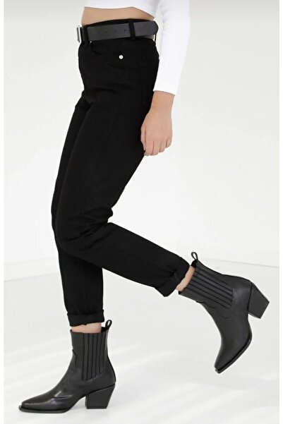 Pubi Omoda-siyah Solmaz Mom Jean Kadın Boyfrend Yüksekbel Likralı Pantolon