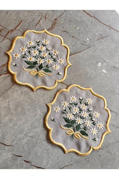 Nakışkonsept Daisy Model Embroidered Tray Cover and Cocktail 6-Piece Coffee Presentation Napkins