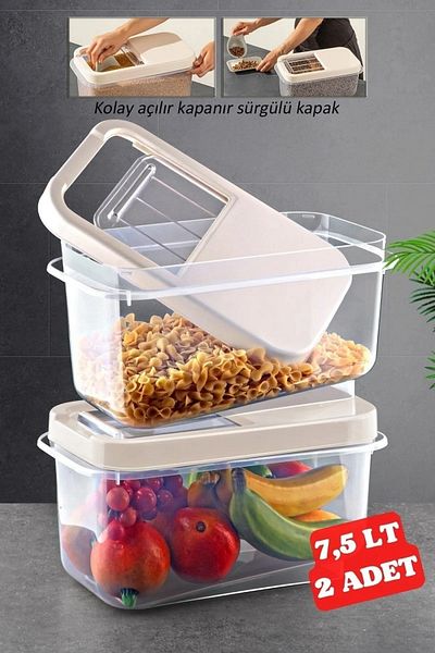 Open Home Concept 2 Pieces 7.5 Lt Easy Sliding Multibox Food Pulses Vs Storage Container Cream