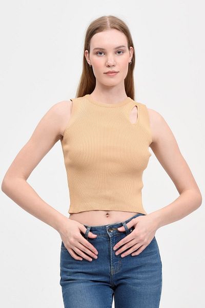 Fanori Woman Πλεκτό μπλουζάκι με λαιμόκοψη με καμήλα