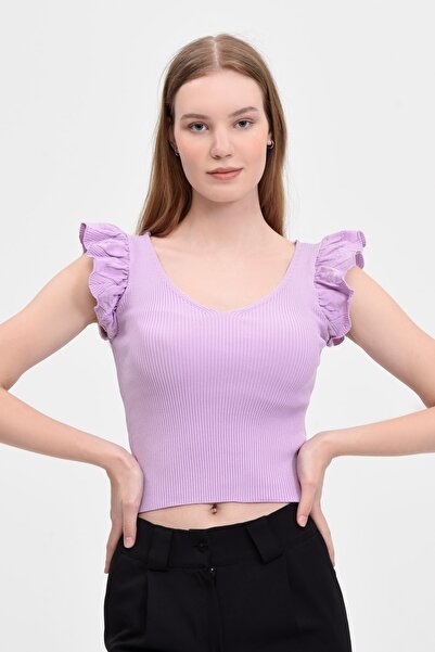 Fanori Woman Fitted/vücuda Oturan Crop Kolu Fırfırlı V Yaka Lila Triko Bluz