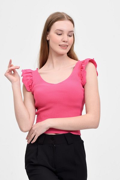 Fanori Woman Πλεκτή μπλούζα φούξια με βολάν με λαιμόκοψη σε σχήμα V