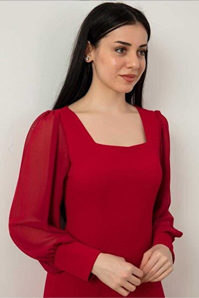 ADALYA BUTİK Kırmızı Kare Yaka Midi Boy Elbise