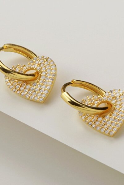 Silvano Jewelry 925 Ayar Gümüş Kalp Detaylı Taşlı Küpe (gold)