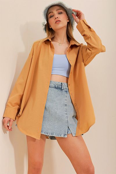 Trend Alaçatı Stili Dámská velbloudí oversize dlouhá tkaná košile ALC-X6828