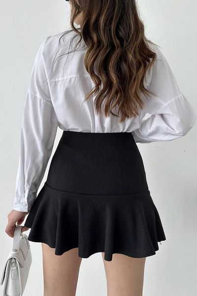 Lucax Fusta pantaloni scurți de vară din twill negru pentru femei, fustă mini pantaloni scurți din tricotaj elastic
