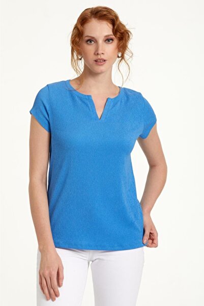 İKİLER Yuvarlak Yakalı Mini Patlı Bluz 023-1063