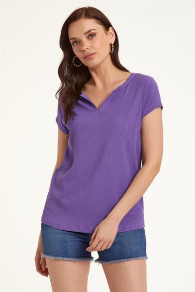 İKİLER Yuvarlak Yakalı Mini Patlı Bluz 023-1063