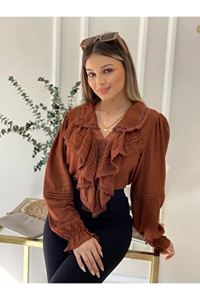 zagasa Tasarım Kahve V Yaka Önü Volanlı Bluz