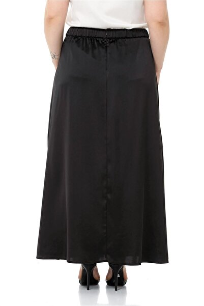 DISENTIS MODEST Large Size Elastic Waist Back Flared Satin Long Black Skirt