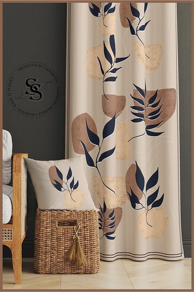 SasoHome Frunze moderne albastru închis pe fundal crem 140 X 270 Cm Calitate - Cortina de fundal imprimată digital