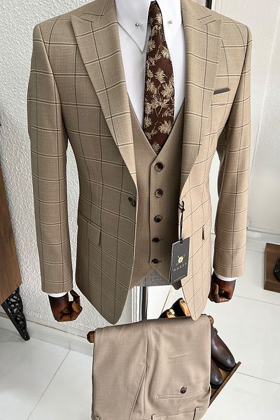 NAZEF Slim-Fit Plaid Pointed Collar Men's Suit with Vest (Shirt Included)