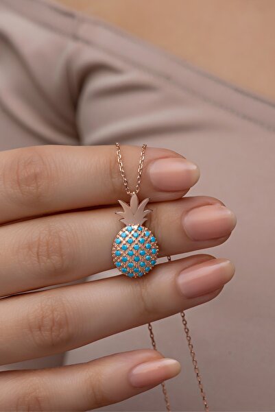 Nereze 925 Ayar Gümüş Rose Kaplama Turkuaz Taşlı Ananas Kolye