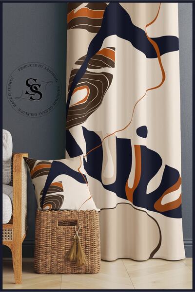 SasoHome Geometric Dark Blue Surrealist Modern Shapes Patterned 140 X 270 Cm - Digital Printed Background Curtain