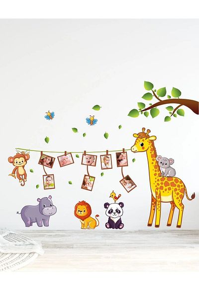 Sim Tasarım Cute Animals Family Tree Photo Frame Look Wall Sticker - Sim34 -