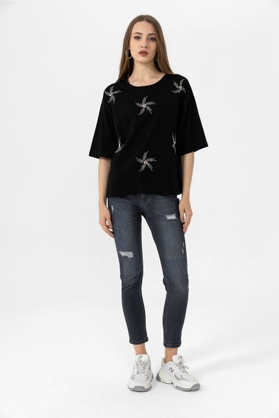 EtkiModa Tricou de damă cu piatră neagră brodat cu gâtul rotund