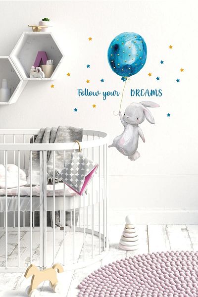 Sim Tasarım Blue Spotted Bunny with Balloons Wall Sticker Colorful