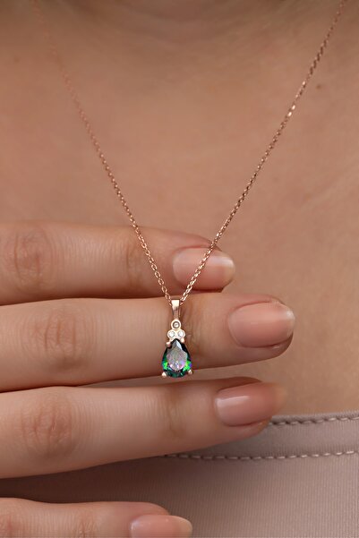 Nereze 925 Ayar Gümüş Rose Kaplama Mistik Topaz Taşlı Damla Model Kolye