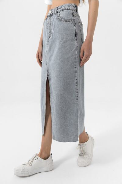 EtkiModa Kadın Buz Mavi Önü Yırtmaçlı Kot Etek