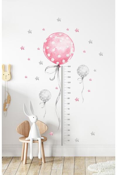Sim Tasarım - Sim93- Pembe Balonlu Boy Ölçer Duvar Sticker Pembe