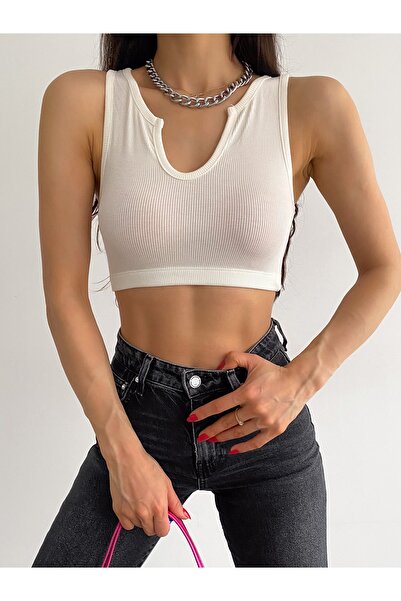 laughs Women's Ecru V-Neck Thick Strap Collar Detailed Six-Elastic Camisole Crop Blouse Blz8832