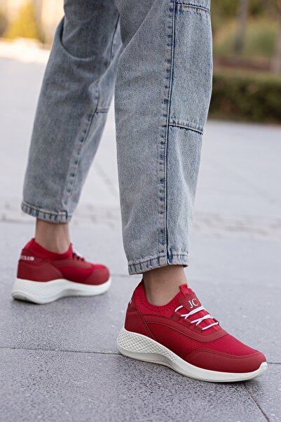BOUIS Kadın Kırmızı Casual Bağcıklı Kalın Taban Yumuşak Lastikli Konforlu Sneaker Yürüyüş Ayakkabısı
