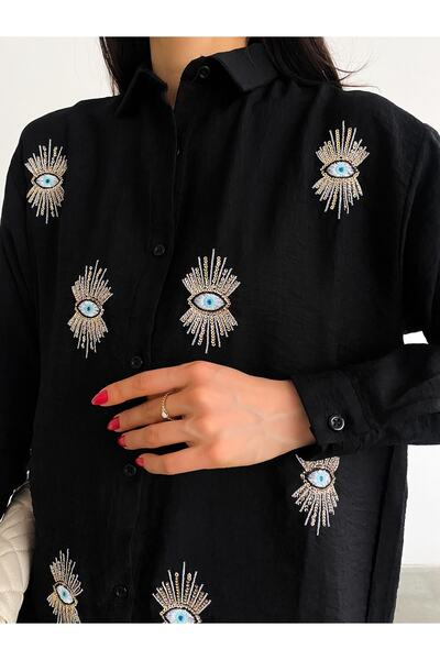 laughs Γυναικείο μαύρο μακρυμάνικο πουκάμισο με κέντημα με μάτια, φαρδιά κοπή, υπερμεγέθη από ύφασμα Aerobin De7788