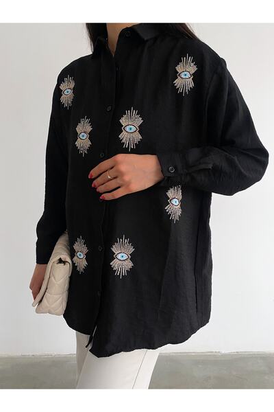laughs Γυναικείο μαύρο μακρυμάνικο πουκάμισο με κέντημα με μάτια, φαρδιά κοπή, υπερμεγέθη από ύφασμα Aerobin De7788