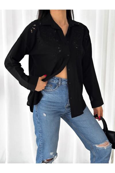 laughs Women's Black Scalloped Long Sleeve Linen Look Shirt De3210