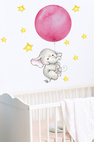 Sim Tasarım Cute Elephant Wall Sticker Set with Pink Balloons