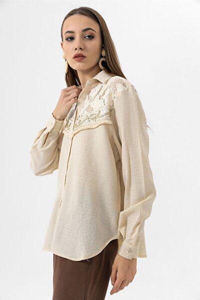 EtkiModa Γυναικείο λινό πουκάμισο από τούλι με κέντημα στο στήθος