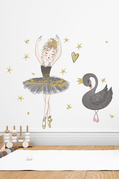 Sim Tasarım Black Ballerina And Swan Kids Room Wall Sticker