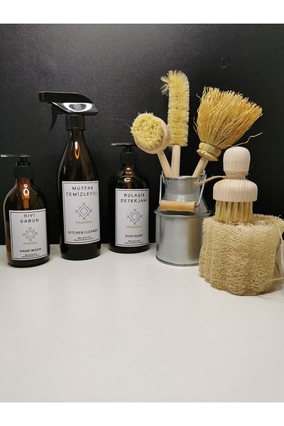 PitrakStore 3-Piece Amber Glass Bottle Soap Dish, Mini Decorative Milk Jug and Kitchen Cleaning Brush Set