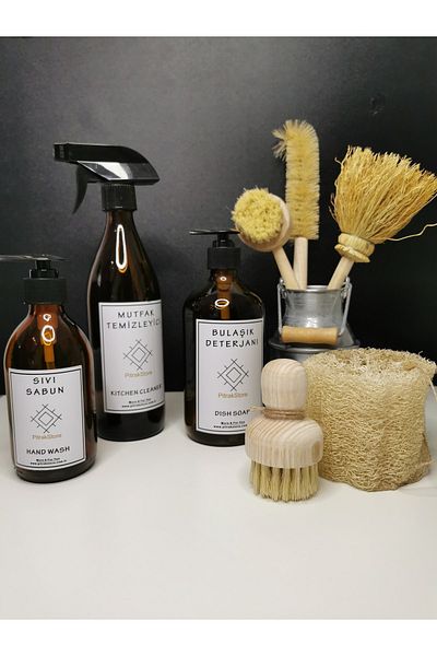 PitrakStore 3-Piece Amber Glass Bottle Soap Dish, Mini Decorative Milk Jug and Kitchen Cleaning Brush Set